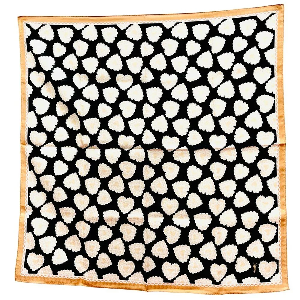 New Tag On  Yves Saint Laurent  Scarf Cotton & Silk 22.5" Beige Black Heart  (63 - Picture 10 of 10